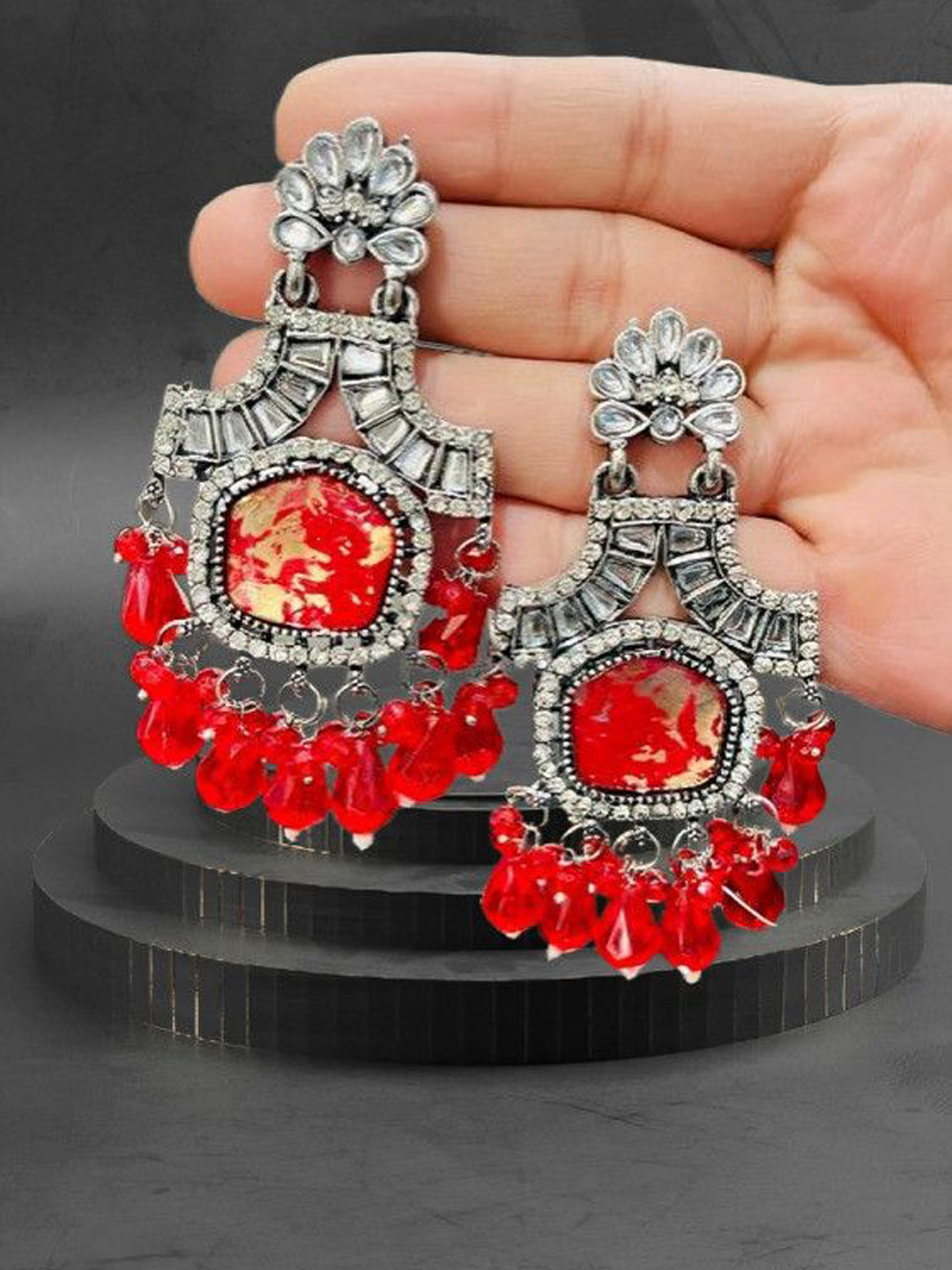 OPUS GEMS Artificial Stones Studded And Beaded Geometric Shaped Drop Earrings