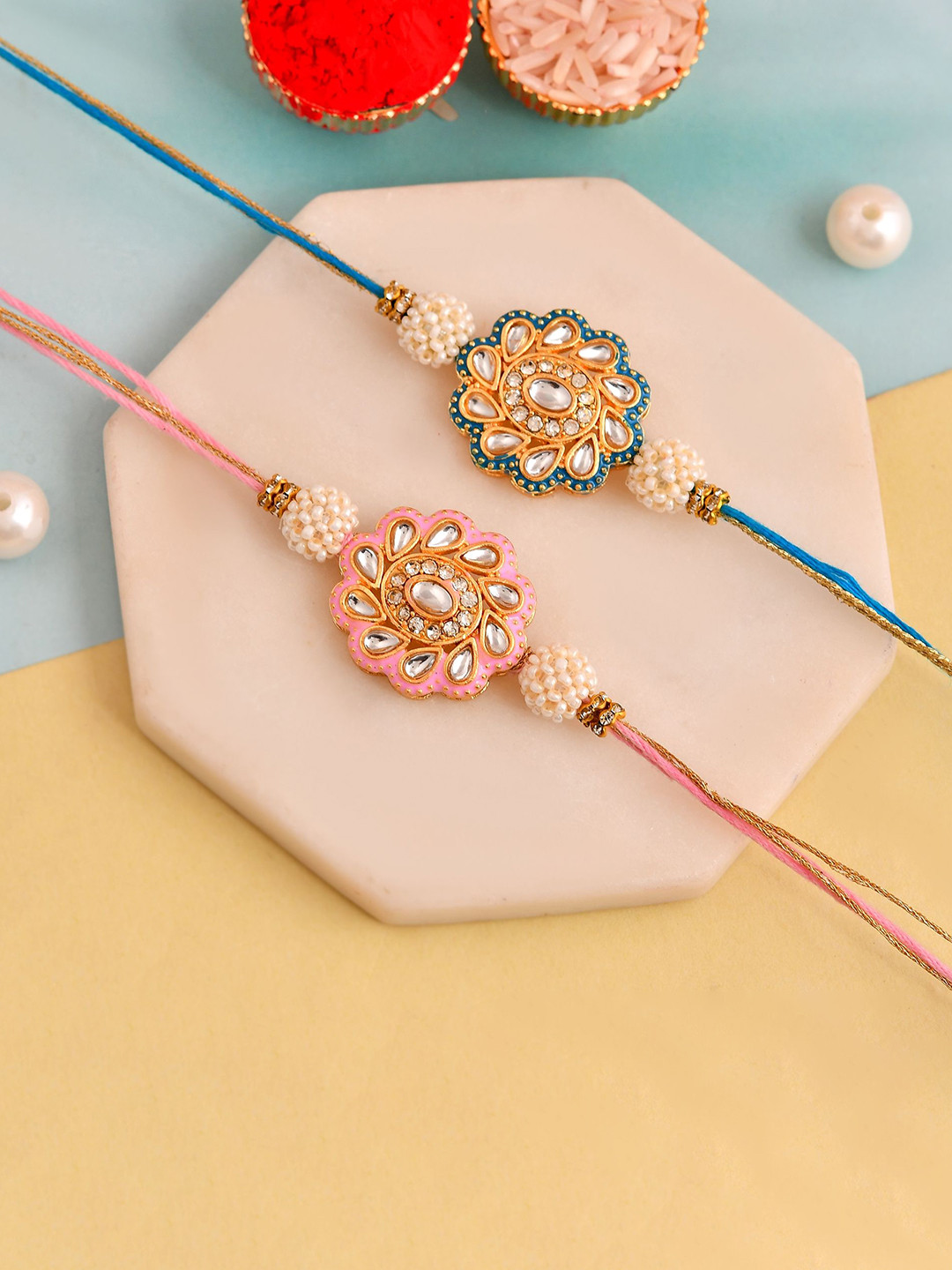 Ascension Set Of 2 Artificial Stones Studded & Pearls Beaded Thread Rakhi