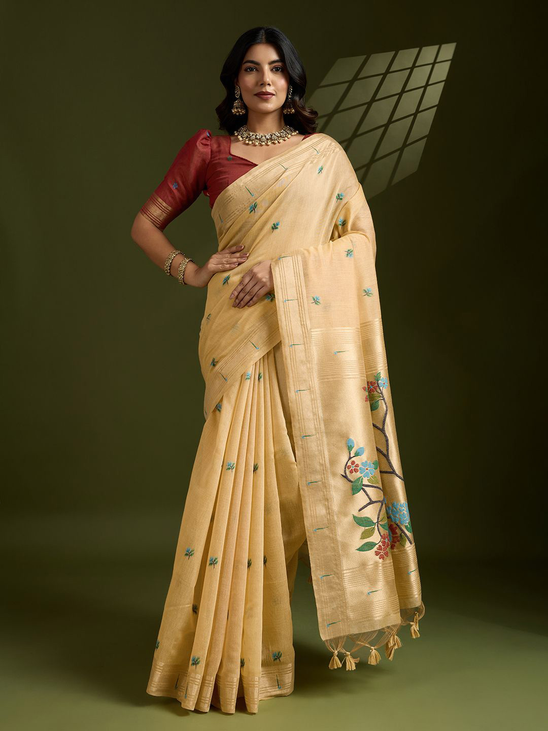 VISHNU WEAVES Thread Woven Flower Butti Muga Cotton Saree with Muniya Border Paithani Zari Detail