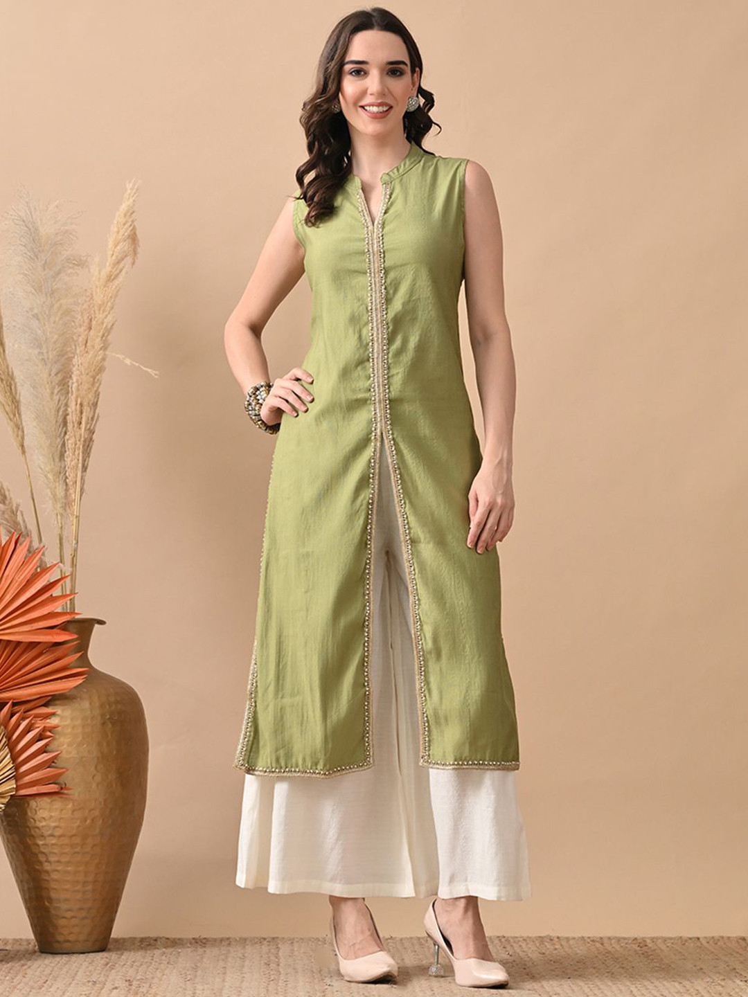 Myshka Panelled Beads & Stones Straight Kurta With Palazzos