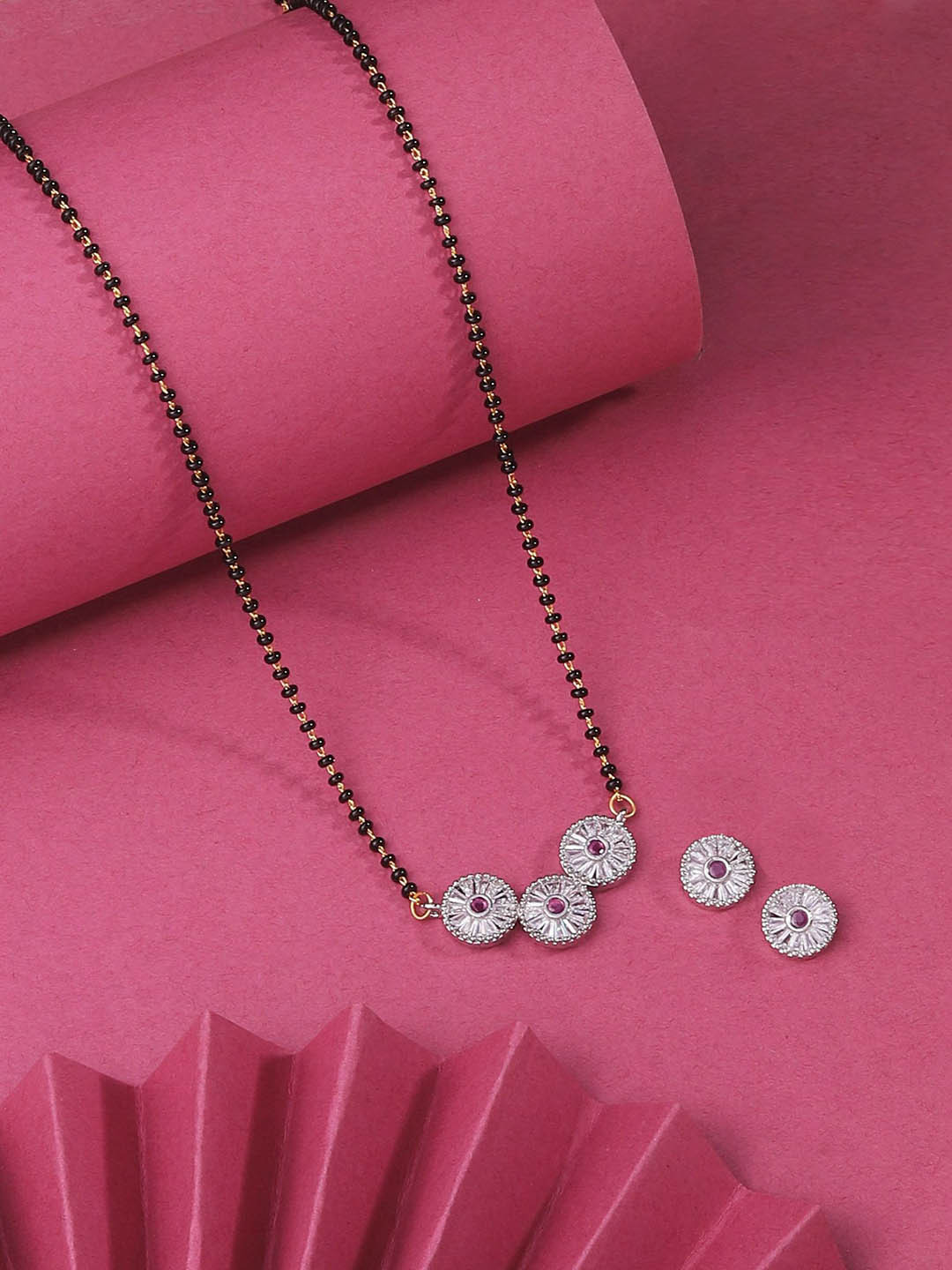 GILHER Silver-Plated Artificial Stones Studded And Beaded Mangalsutra