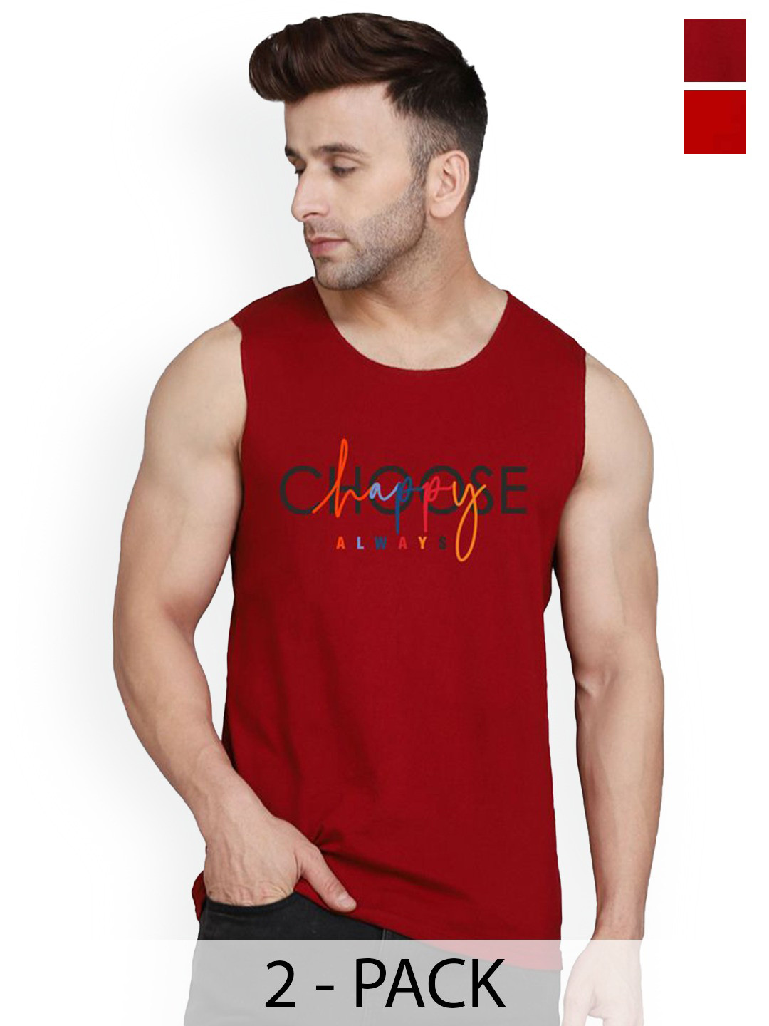 SLOWLORIS Pack Of 2 Printed Combed Cotton Gym Vests VSL26 CMB(CHS MAROON)(GYM RED)