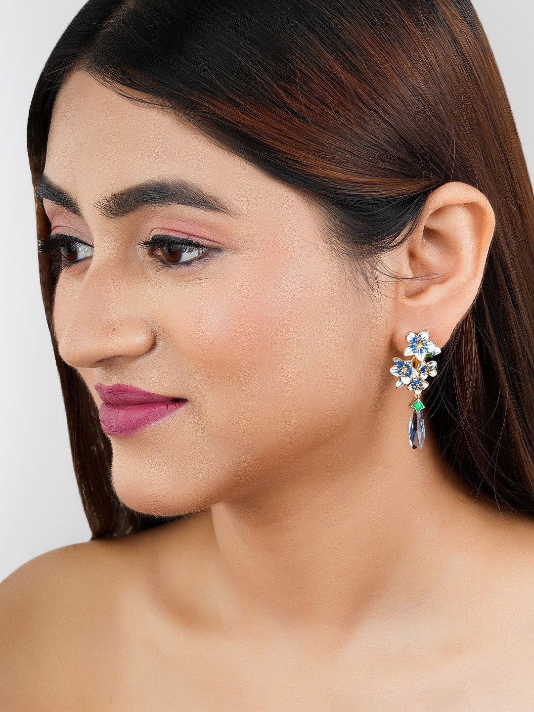 BISHTY  Stainless Steel Rhodium-Plated Opal Studded Enamelled Floral Drop Earrings