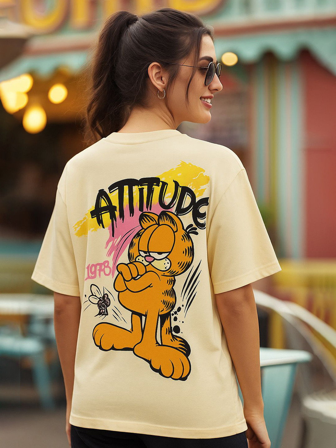 Fabflee Women Garfield Character Printed Round Neck Cotton Relaxed Fit T-shirt