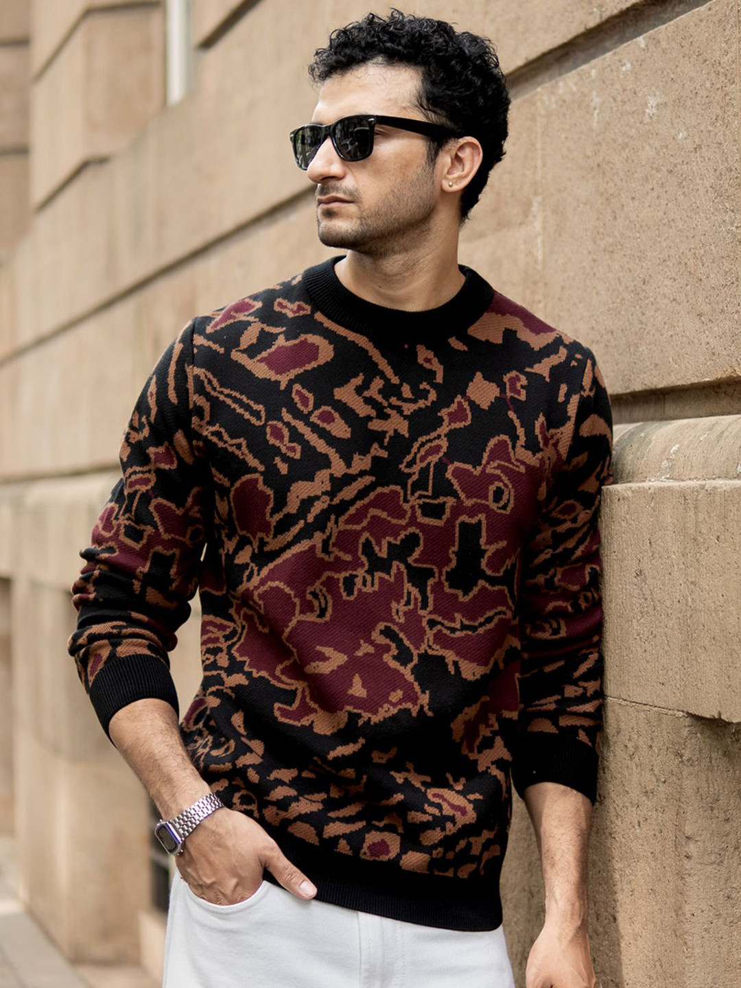 Powerlook Men Black Abstract Jacquard Pure Cotton Pullover Sweater