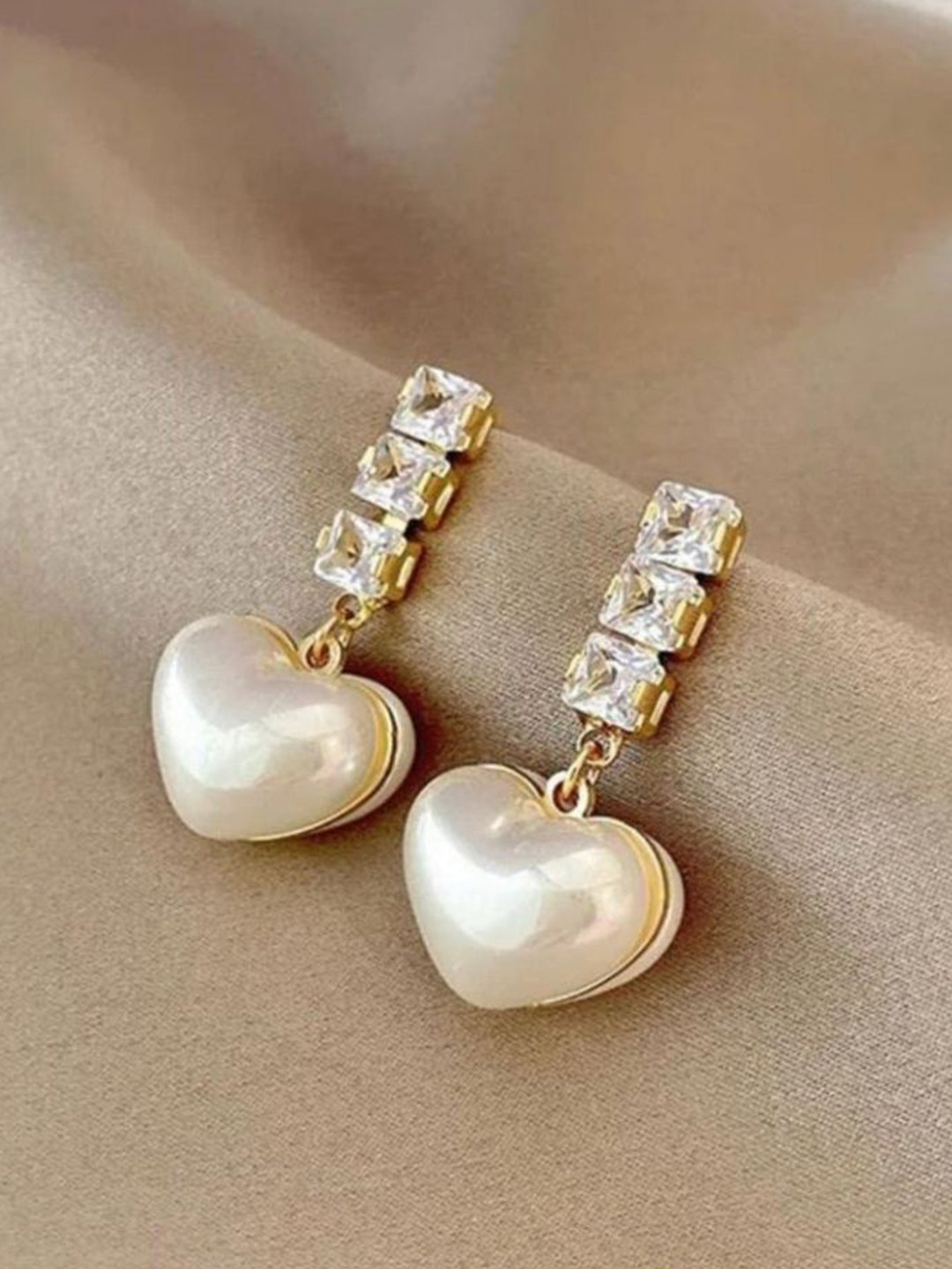 Mystic Collections Gold-Plated Zircon Studded Heart Shaped Drop Earrings