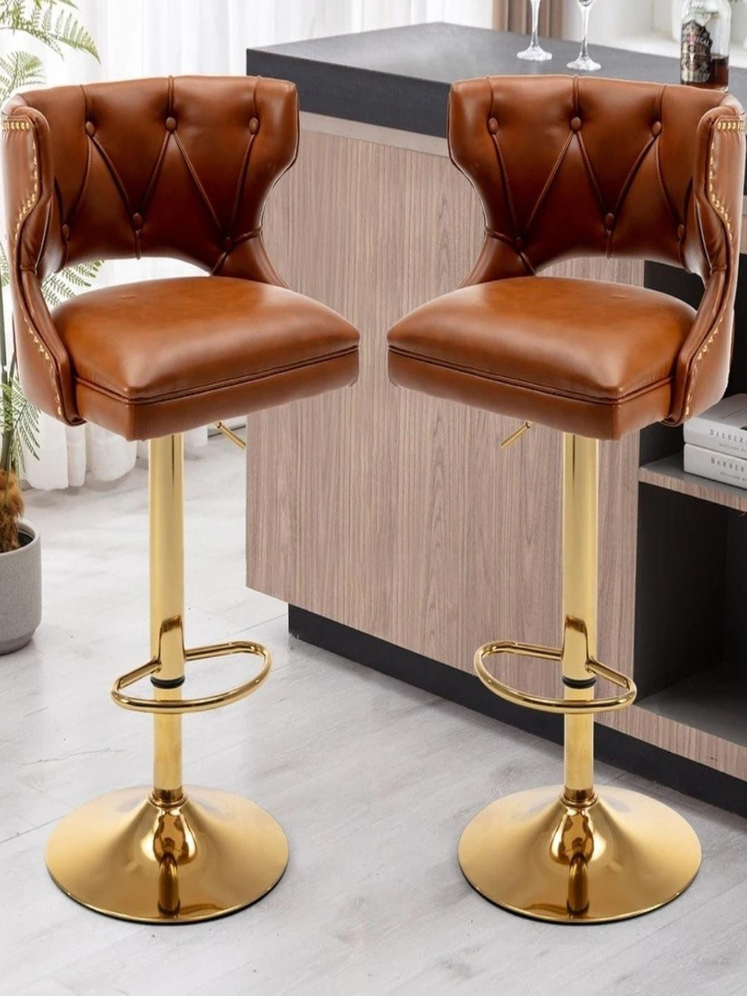 Doe Buck Velvet Tufted Bar Chairs With Golden Base
