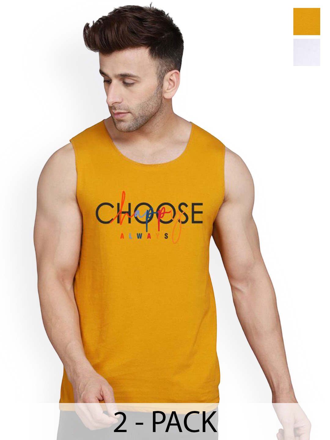 SLOWLORIS Pack Of 2 Printed Gym Vests VSL26 CMB(CHS MUSTARD)(GYM WHITE)