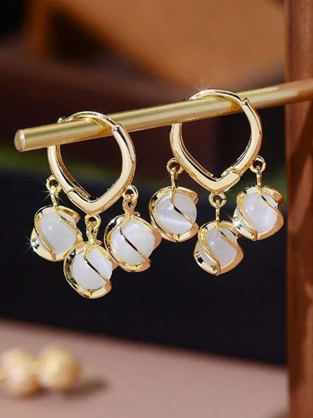 Mystic Collections Gold-Plated Cats Eye Beaded Contemporary Hoop Earrings