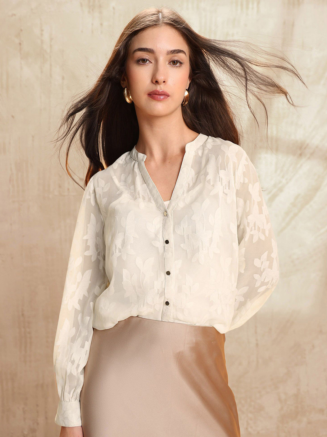 U.S. Polo Assn. Women Textured Mandarin Collar Casual Shirt