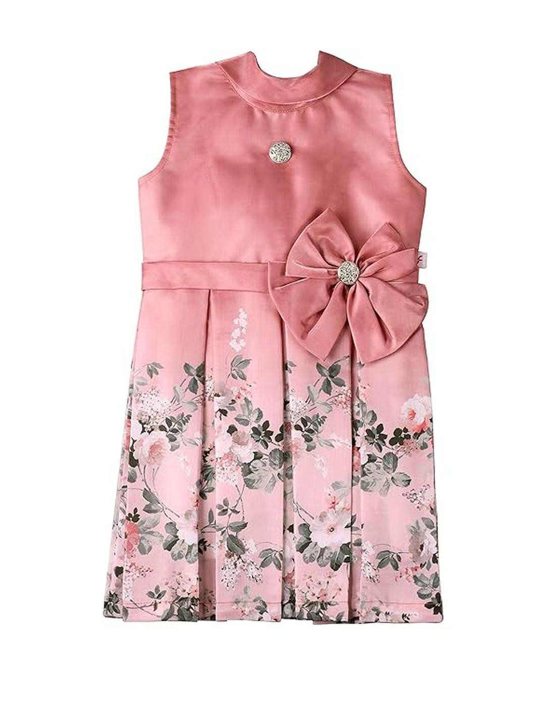 SNAZZYGIRL Girls Rose Pink Synthetic Floral Print Knee Length Pleated Dress