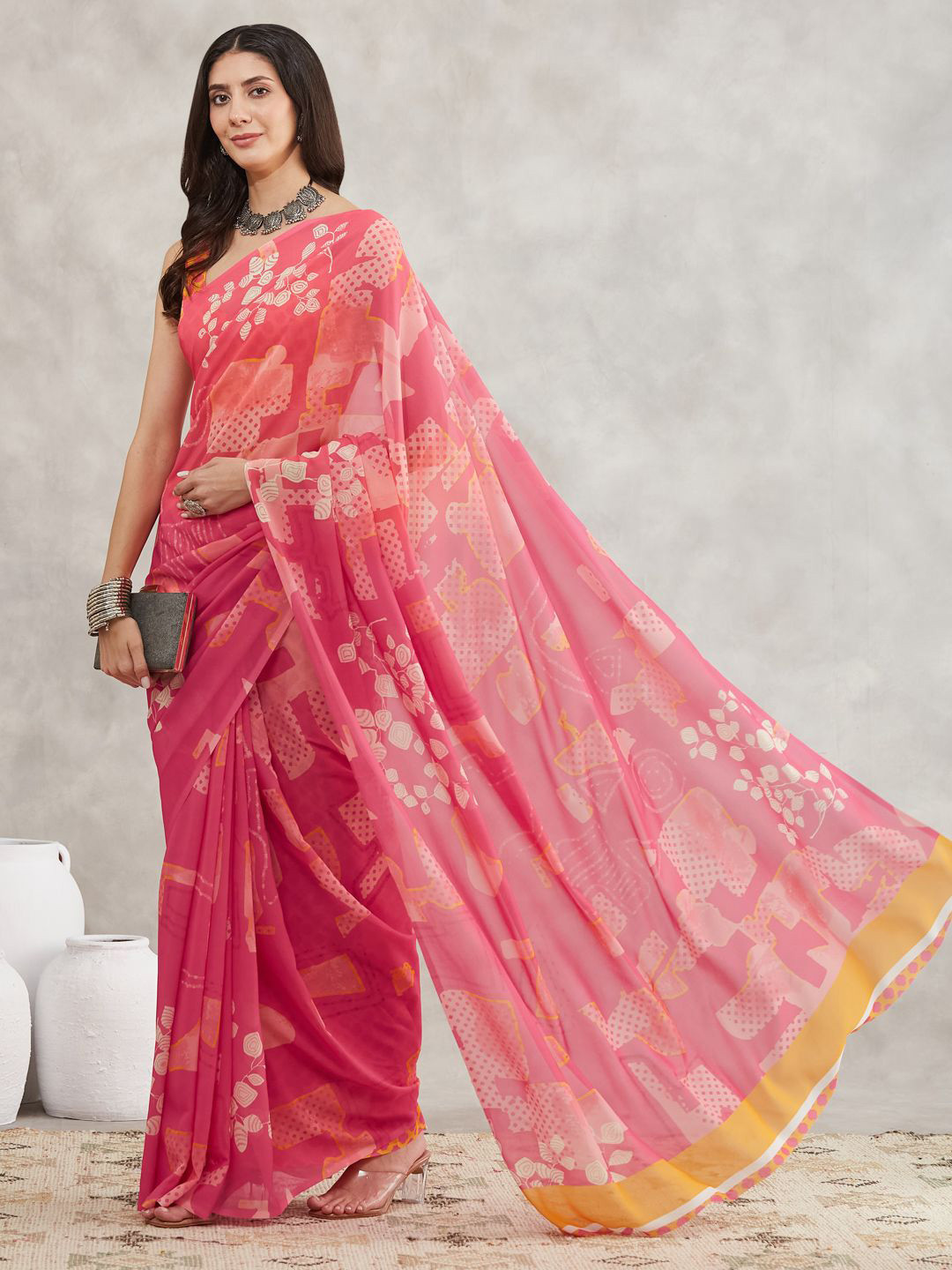 Janasya Women Pink Georgette Geometric Printed Printed Saree with Blouse Piece