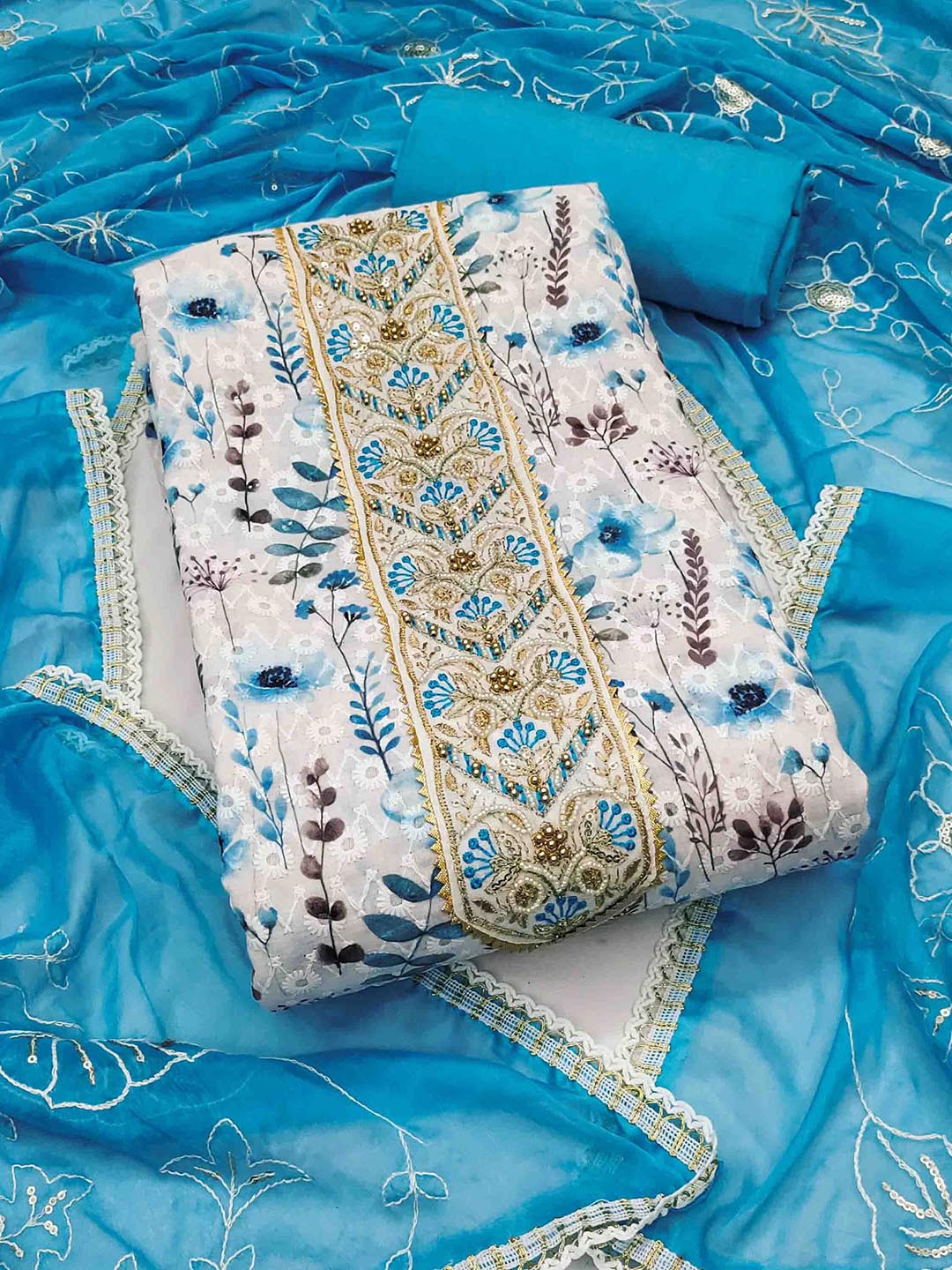 DIVASTRI Floral Printed Beads & Stones Cambric Cotton Unstitched Dress Material