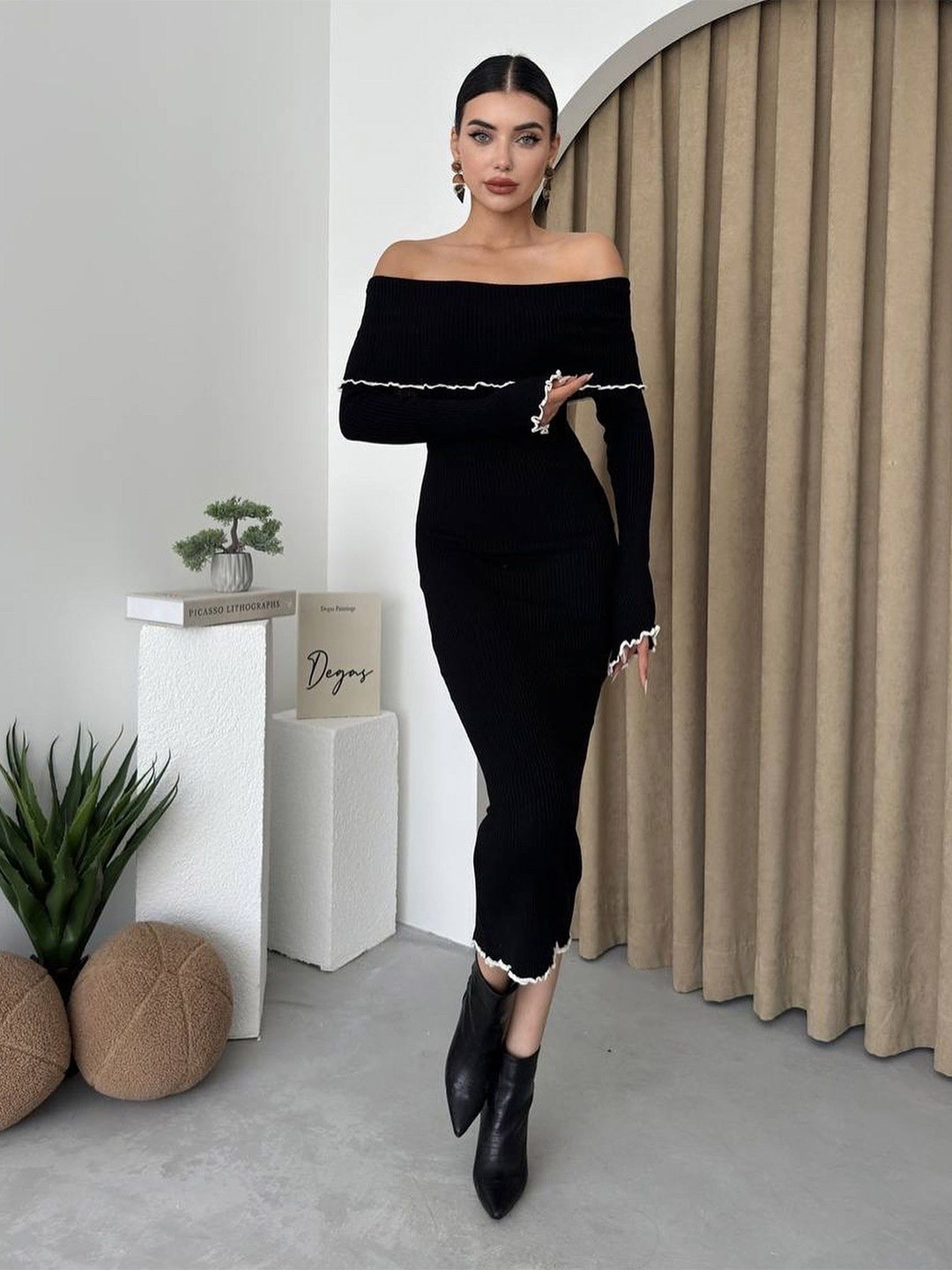 all about you Ribbed Off-Shoulder Monochrome Jumper Midi Dress