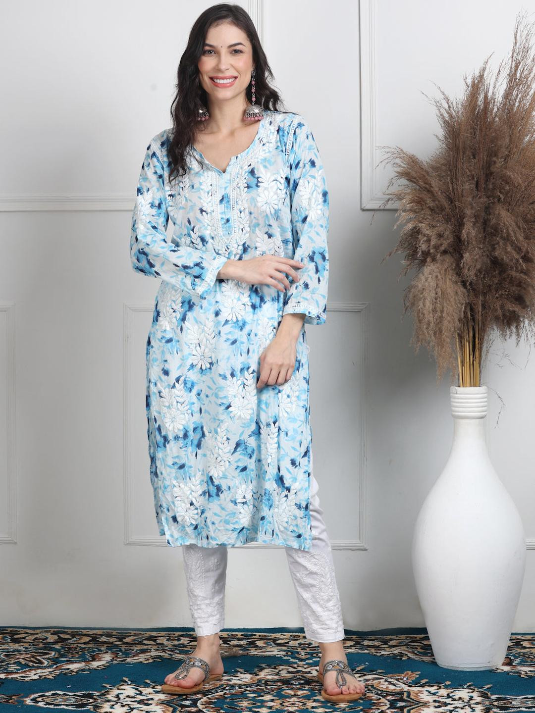 MALABIS Women Lucknowi Chikankari Straight Long Kurti