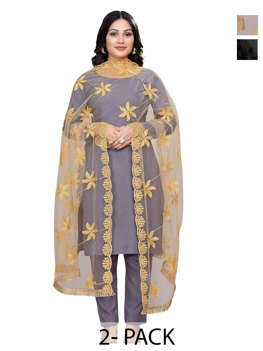 Kemza Pack Of 2 Floral Phulkari Pattern & Arco Lace Embroidered Net Dupatta