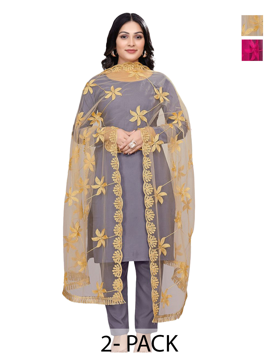 Kemza Pack Of 2 Floral Embroidered Net Dupatta with Thread Work