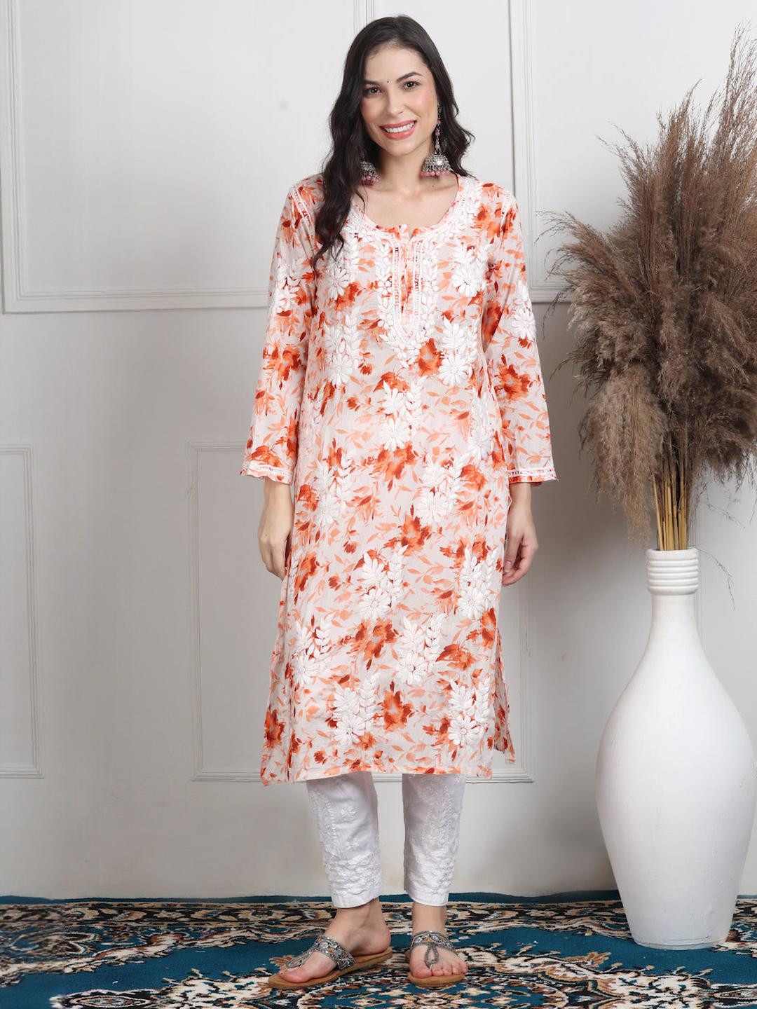 MALABIS Women Floral Print Lucknowi Chikankari Straight Long Kurti