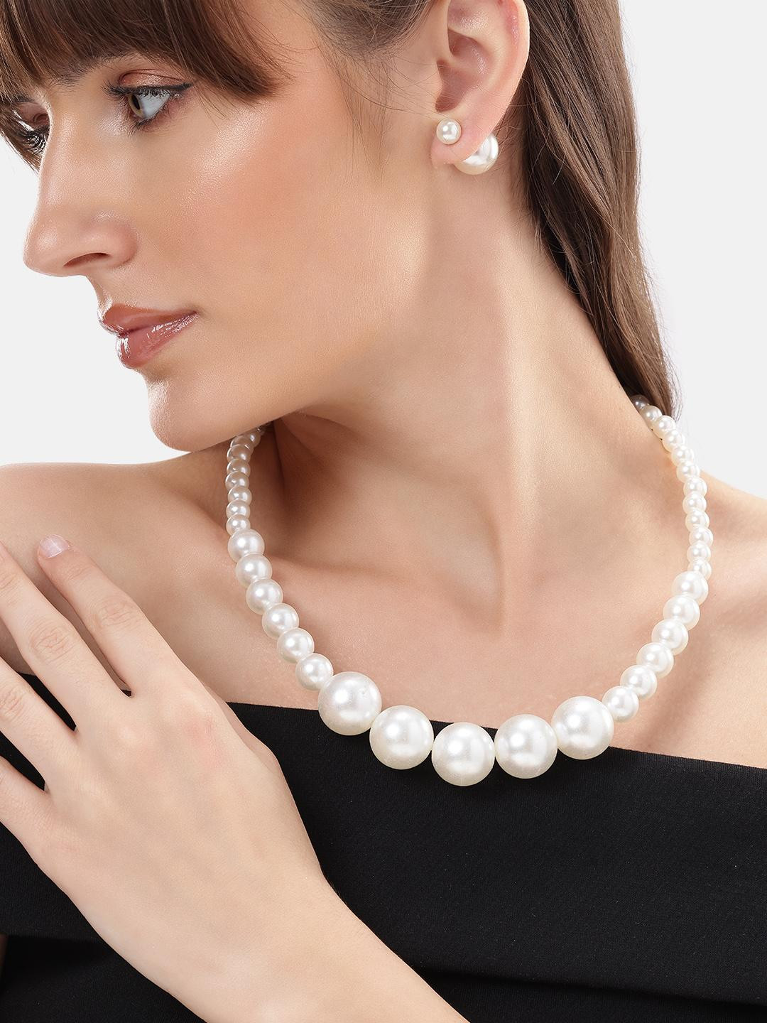 Anouk White Pearl Beaded Necklace Set with Matching Stud Earrings