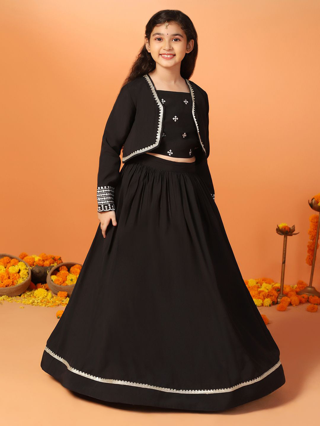 Sangria Girls Embroidered Readymade Lehenga & Choli with Embroidered Jacket Set