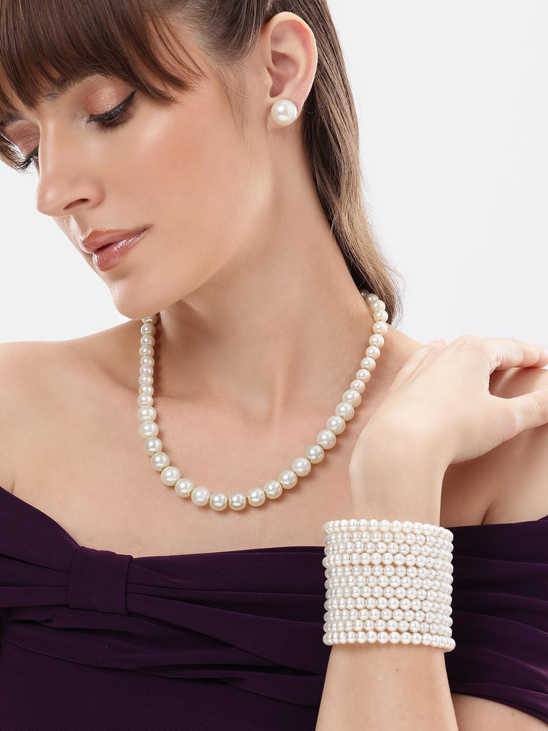 Anouk Women White Pearl Necklace Earrings and Adjustable Pearl Bracelet Jewellery Set