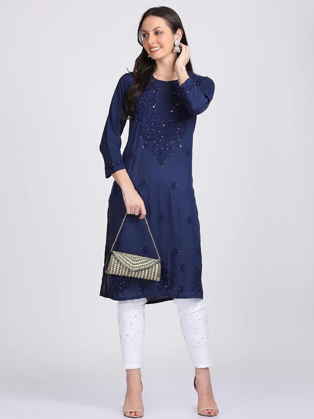 MALABIS Women  Muquesh Embellishments Chikankari Straight Long Kurti