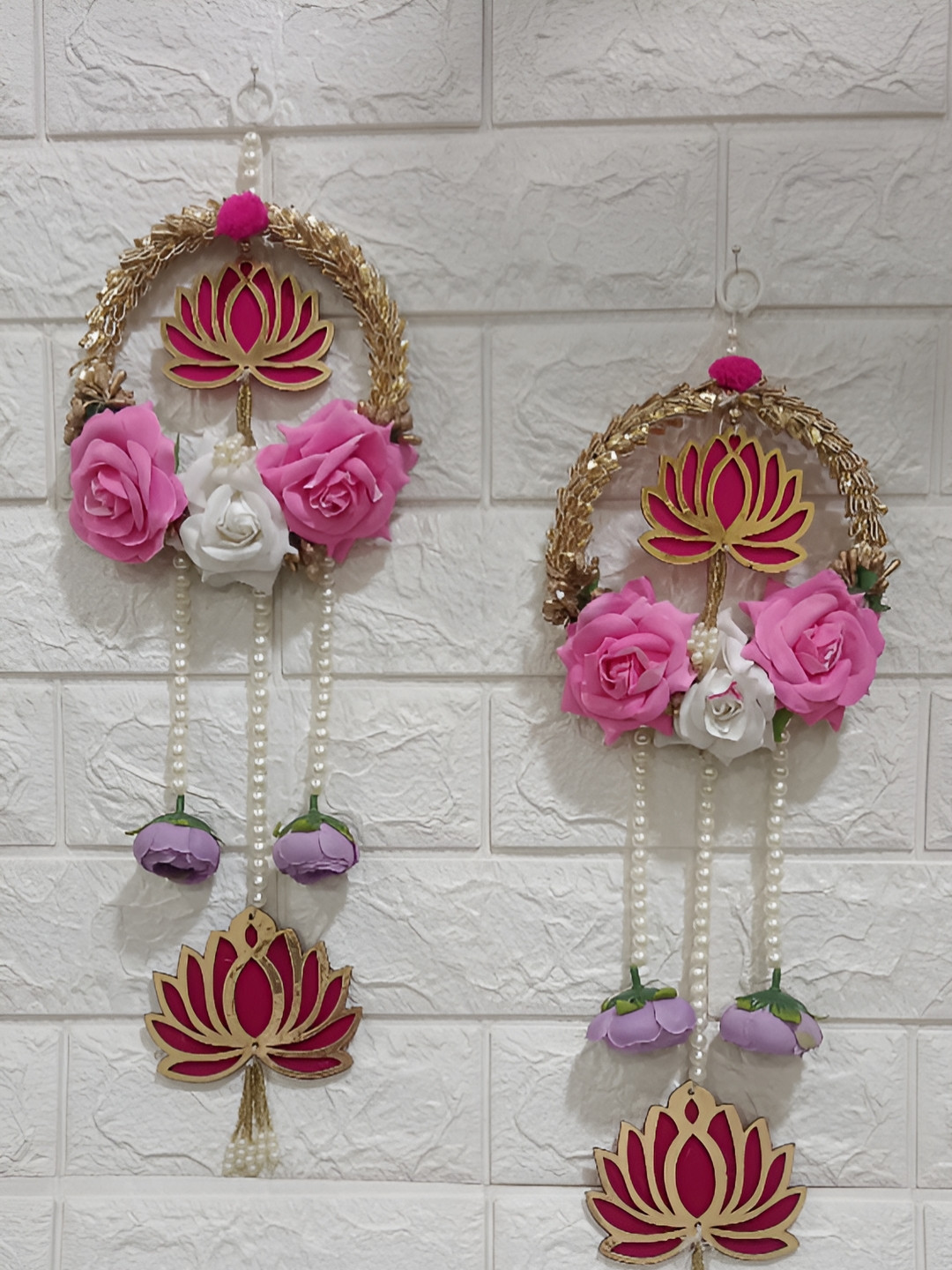 Sellplus 2 Pieces Pink & White Velvet Rose lace Bangle Lotus Beaded Wooden Hangings