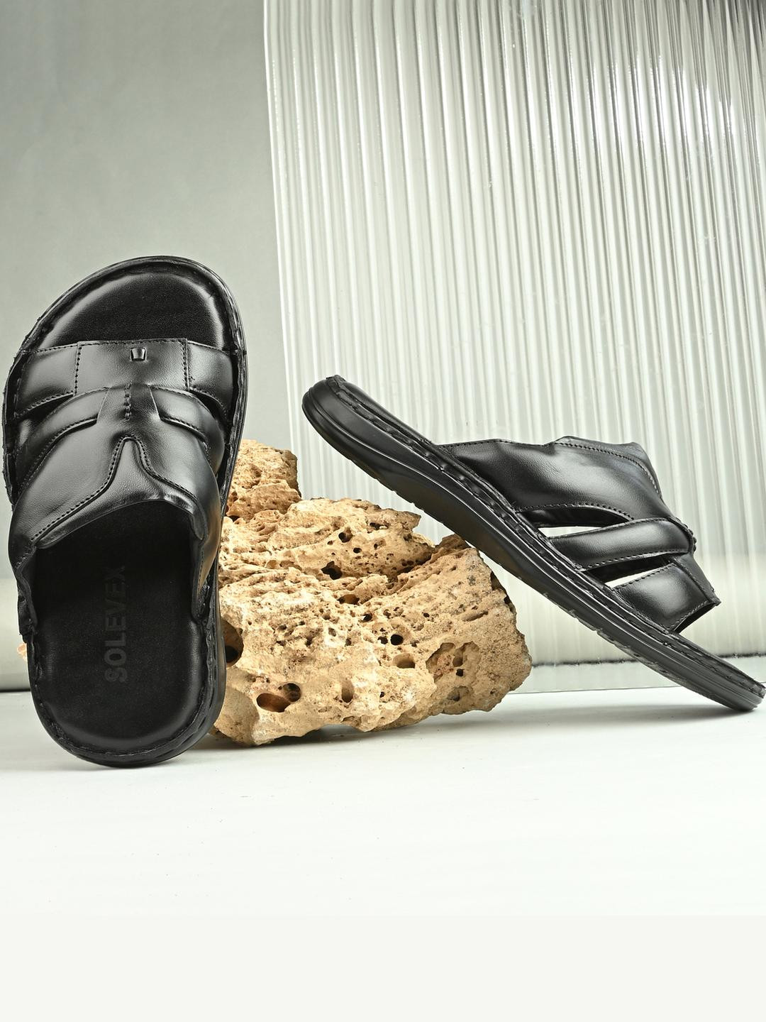 SOLEVEX Men Black PU Slip-On Flip Flops