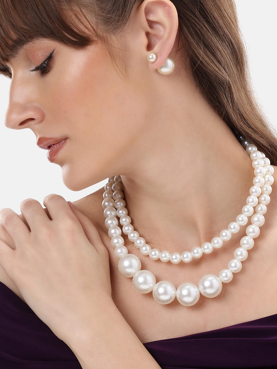 Anouk 2 Layer White Pearl Beaded Necklace with Stud Earrings