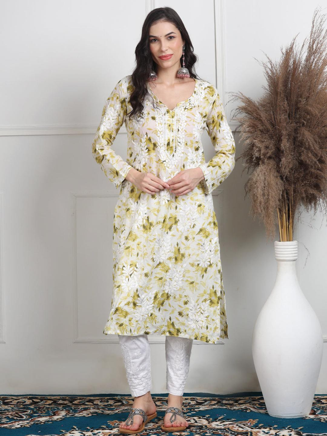 MALABIS Floral Printed Pure Mulmul Cotton Chikankari Kurti