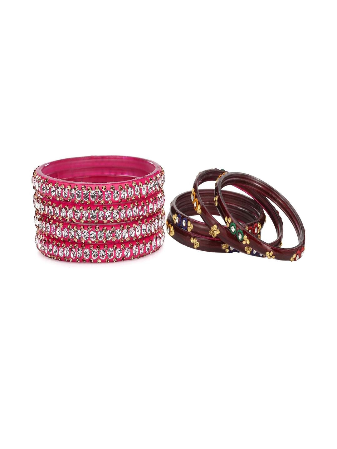 1ST TIME Set Of 8 Pink Alloy Artificial Stones & Beads Antique Bangles