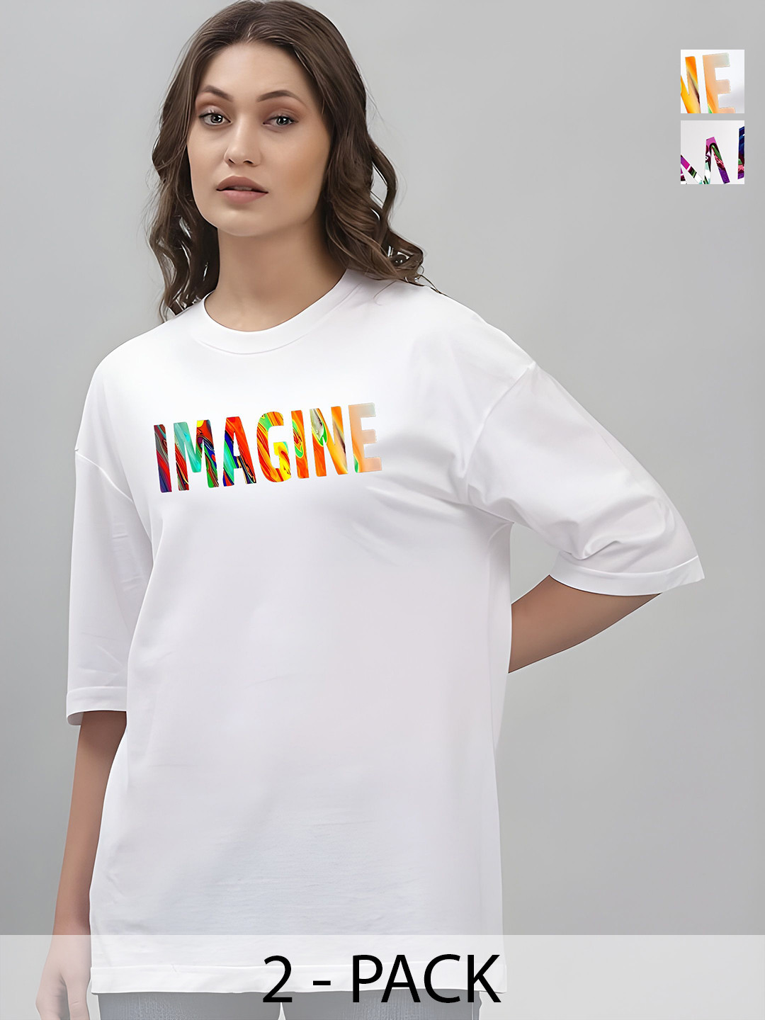 KAIDO Women 2 Drop-Shoulder Sleeves Applique T-shirt