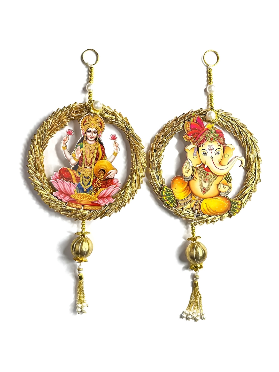 Sellplus 2-Pcs Pink & Yellow Ganesh Lakshmi Ji Lace Bangle Hanging Festive Decors