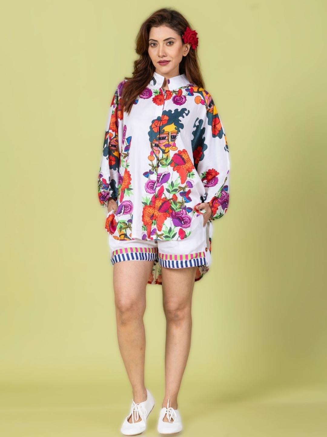 Tura Turi Women Floral Printed Cotton Top & Shorts Co-ord Set