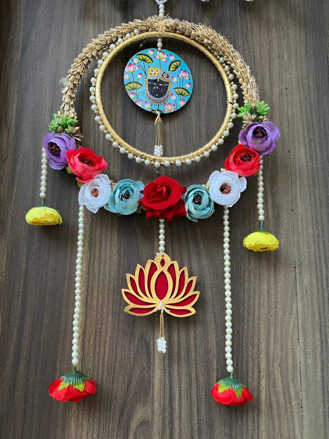 Sellplus Beige & Blue Shri Nath Ji Peony Lotus Wall Hanging