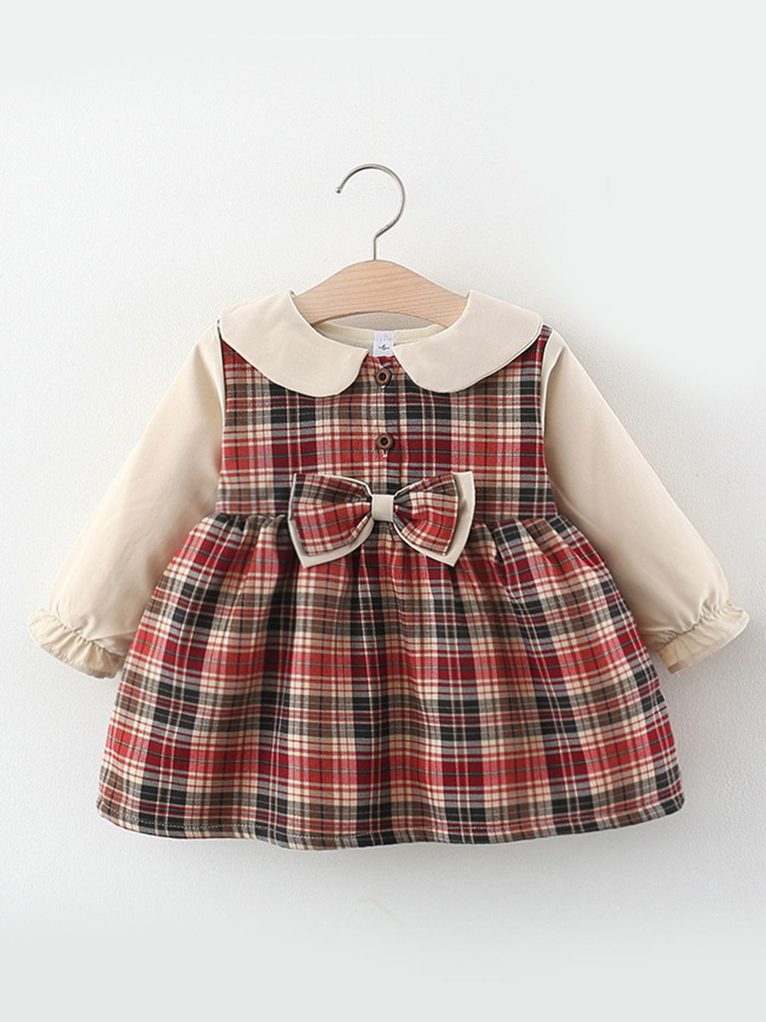 YK Girls Checked Bow Long Sleeve Cotton Fit and Flare Dress