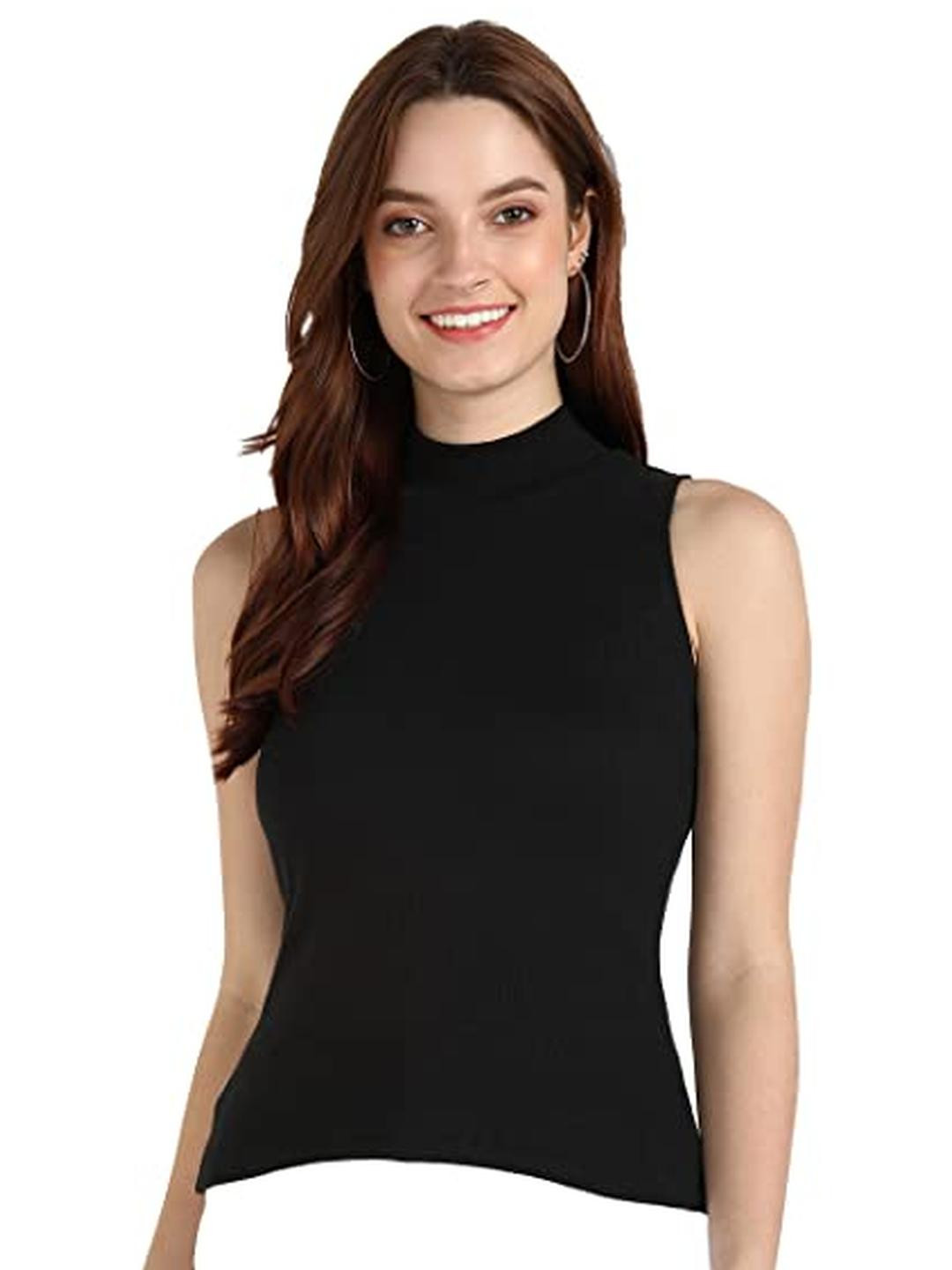 Rzlecort Women Black Sleeveless Turtle Neck Solid Top
