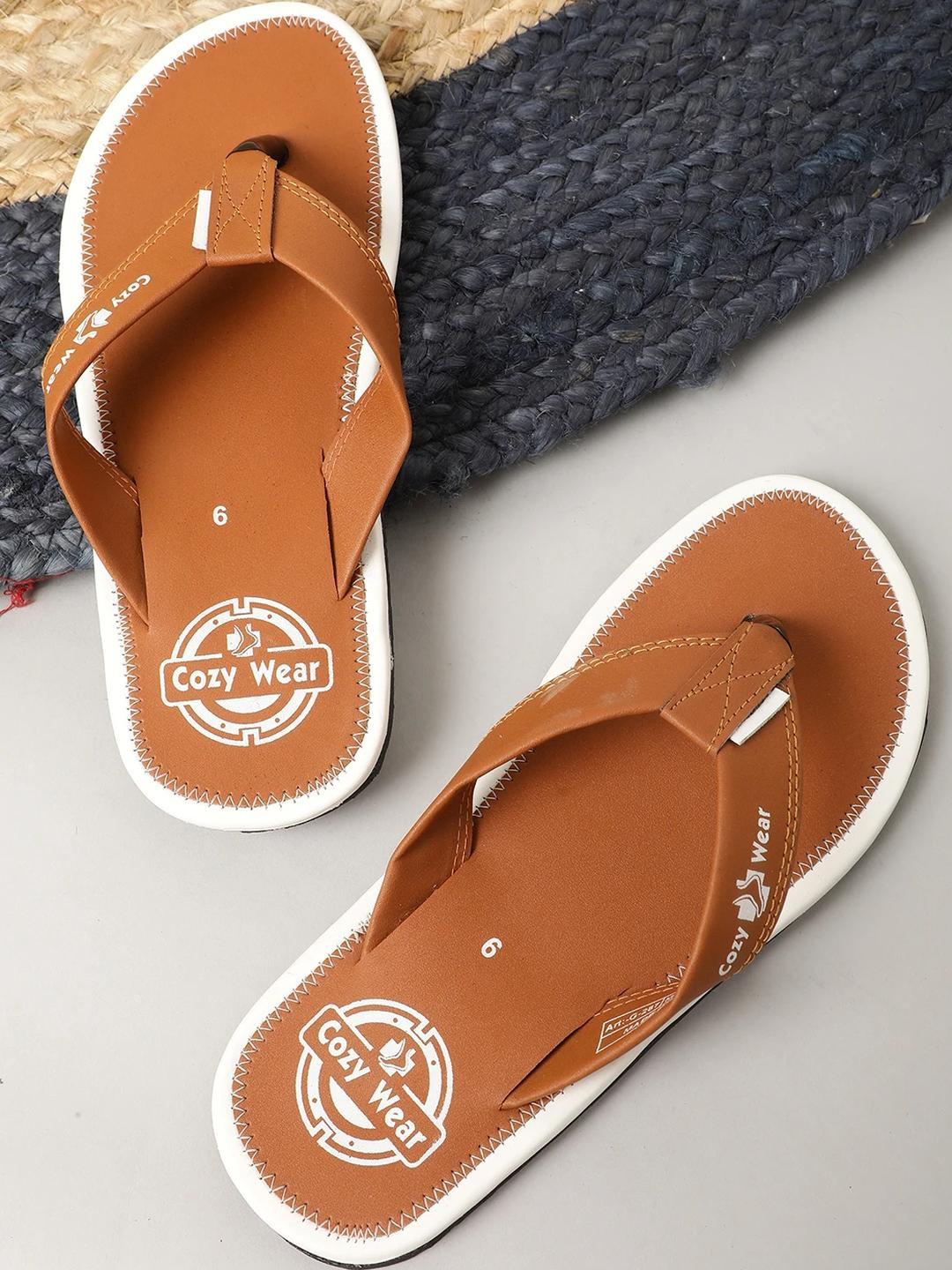 Cozy Wear Men Tan & White Synthetic One Toe Slip-On Flip Flops