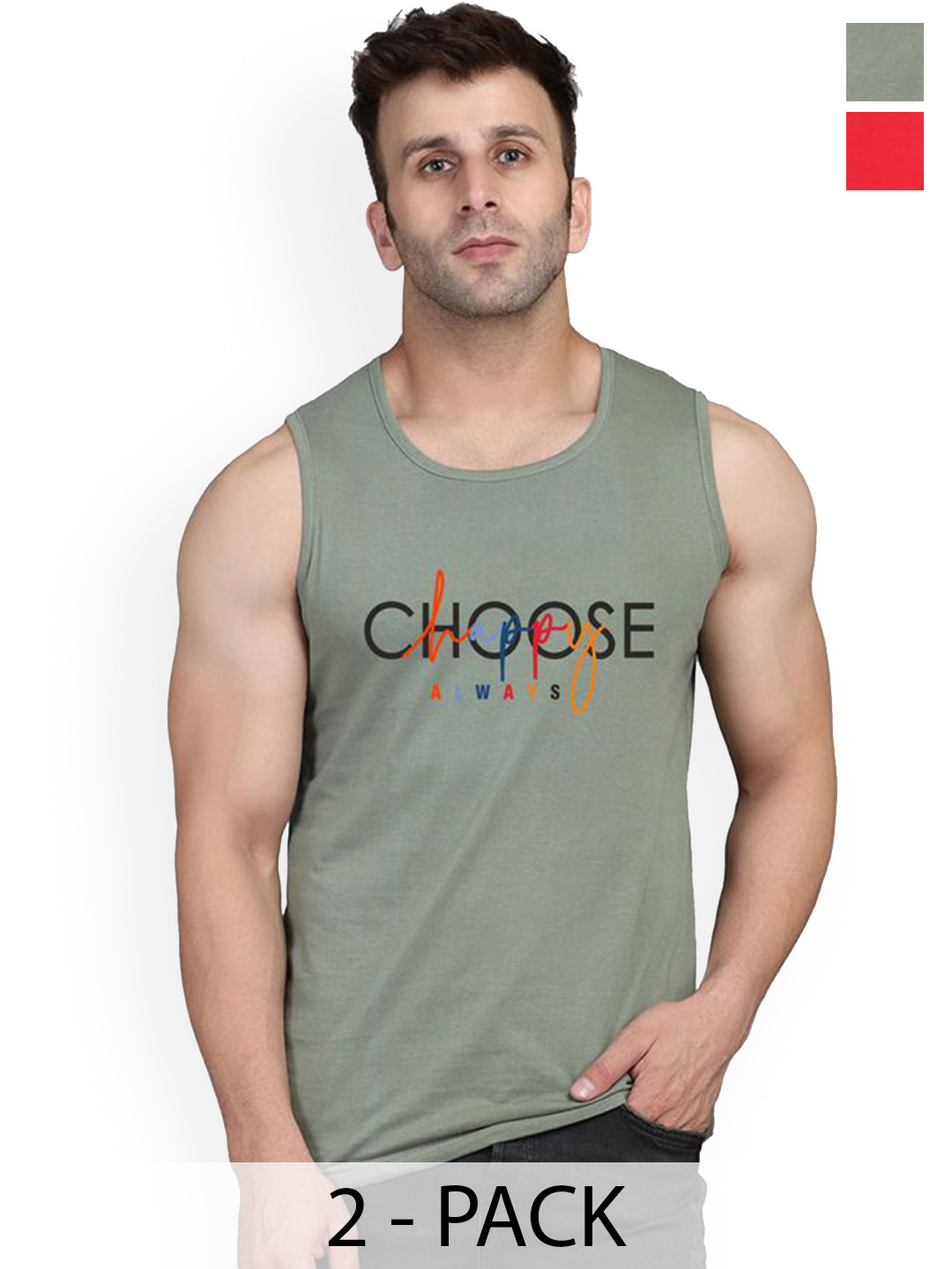 SLOWLORIS Pack Of 2 Printed Combed Cotton Bio-Wash Gym Vests VSL26 CMB(CHS LGTGREEN)(ADV B