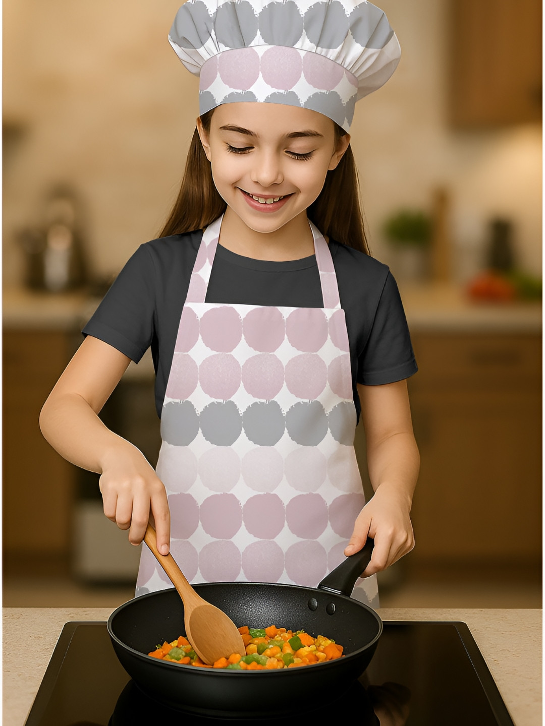 OASIS Girls Pink & Grey Printed Cotton Apron With Chef Cap