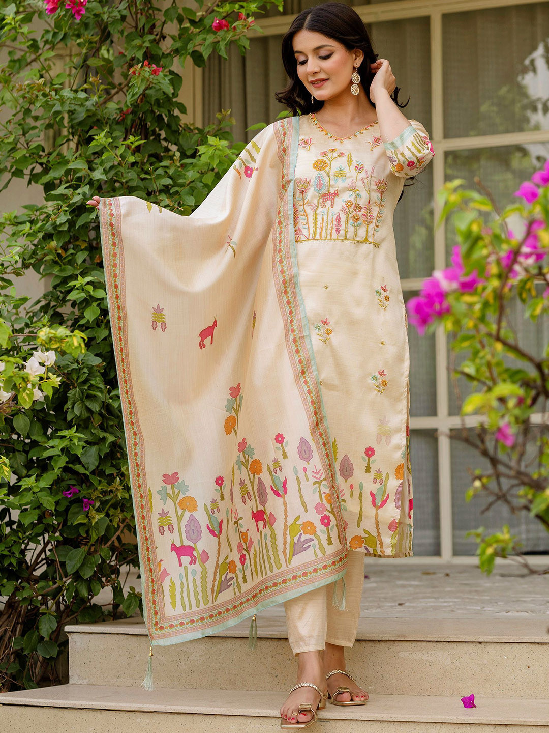 J.KANJI Women Floral Embroidered Beads and Stones Kurta with Trousers & Dupatta