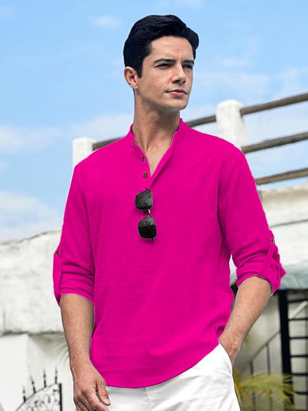 Yugnik Men Slim Fit Mandarin Collar Roll-Up Sleeves Pure Cotton Kurta