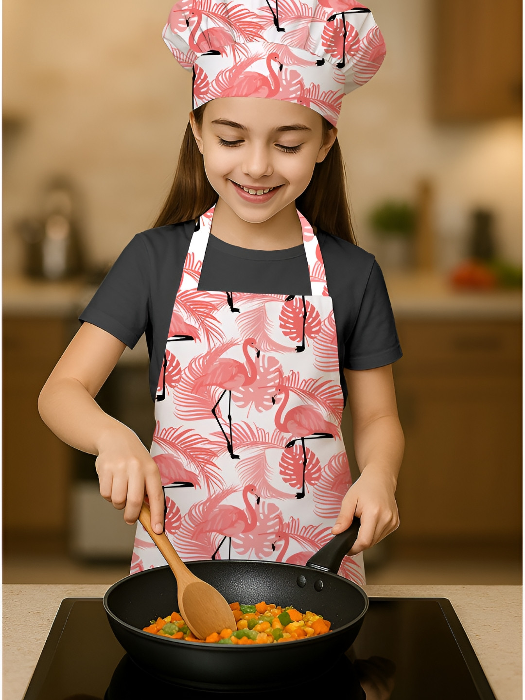OASIS Girls Pink & White Printed Cotton Aprons With Chef Cap