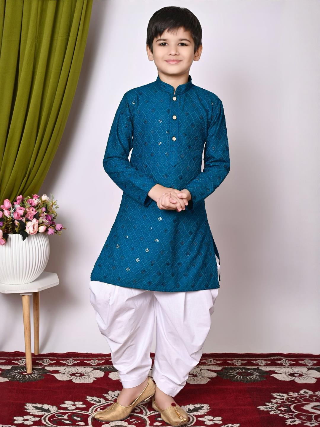 AHLAN APPARELS Boys Teal Viscose Rayon Kurta Sets