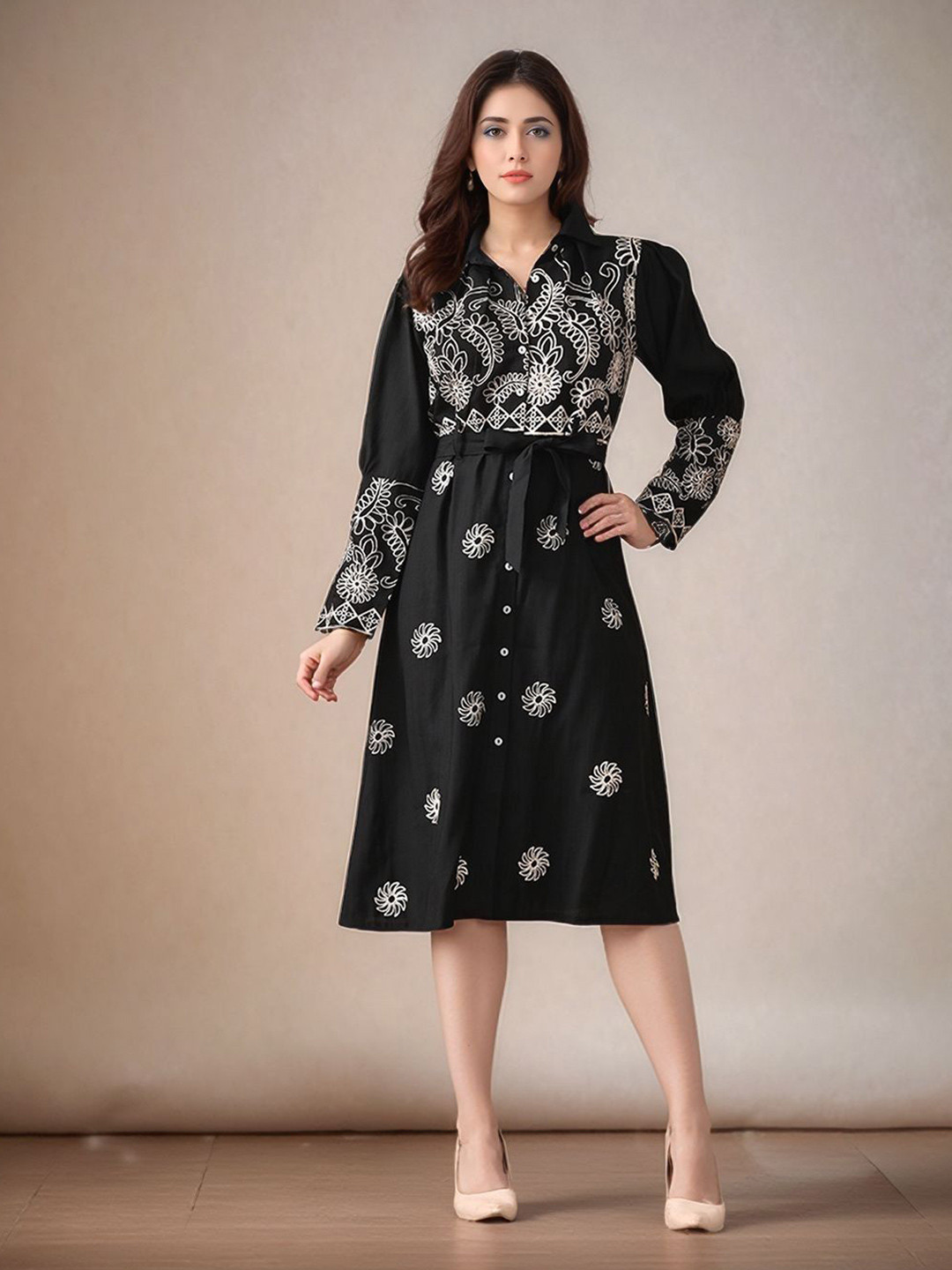 Sangria Women Embroidered Full Sleeves Shirt Dress