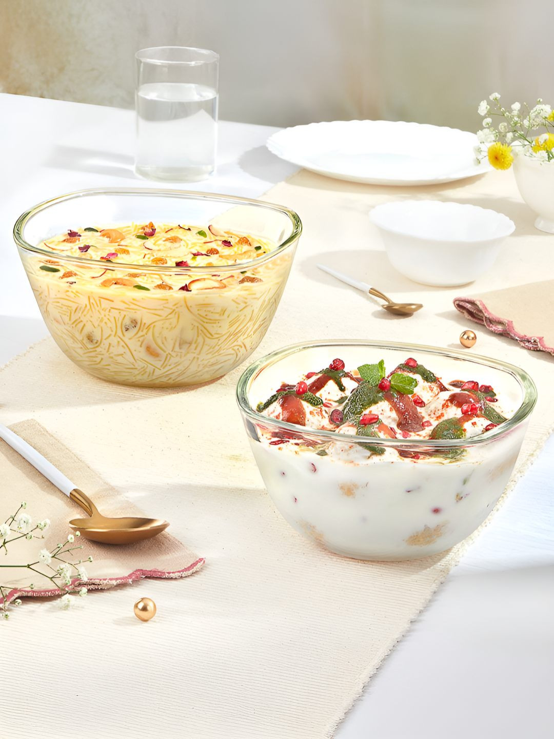 BOROSIL Transparent 2 Pieces Square Borosilicate Glass Serving Bowls-780ml,1.1L