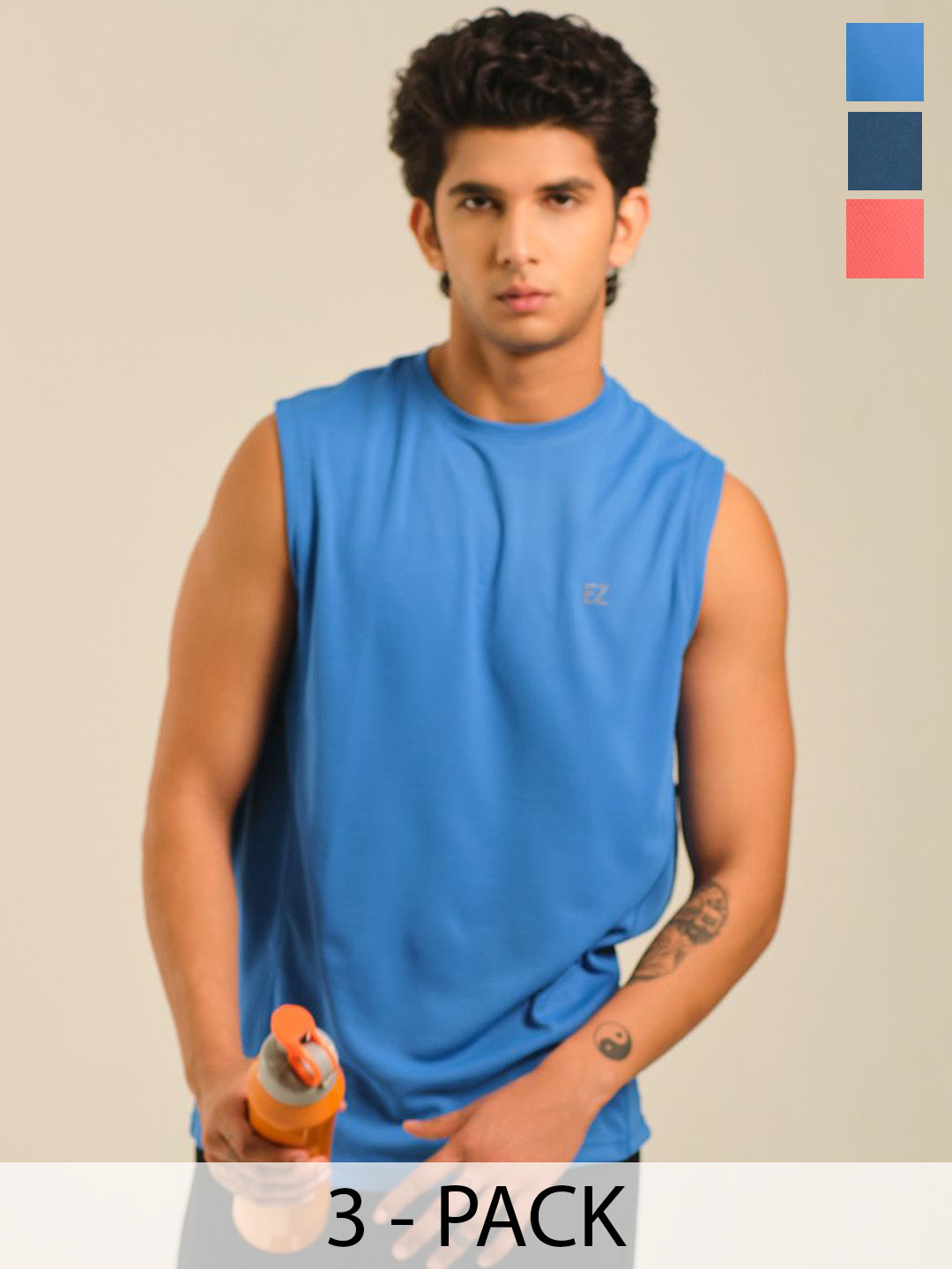 EAZY Pack Of 3 Round Neck Gym Vests EZ_QDRN_BLUEC_IBLUE_CORAL_S