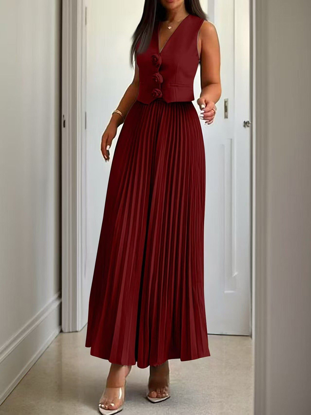 Miss Mosa By Akanksha  Maroon Sarine Luxe Vest Suit With Skirt