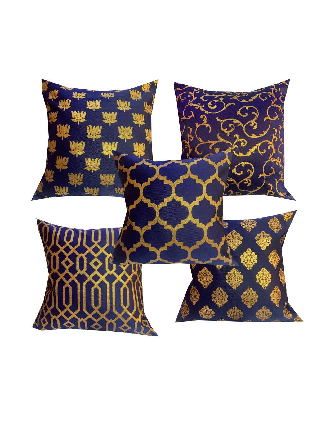 Pink Parrot Pack of 5 Blue & Gold Square Cushion Covers