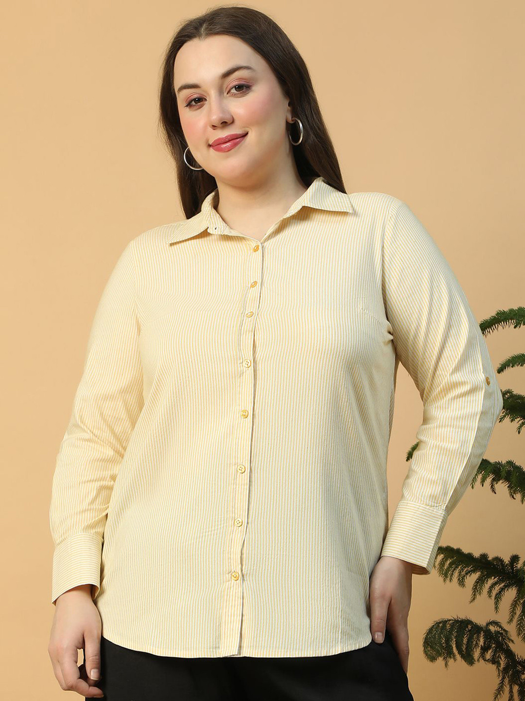 CLOCHOICE Women Plus Size Vertical Striped Spread Collar Cotton Casual Shirt